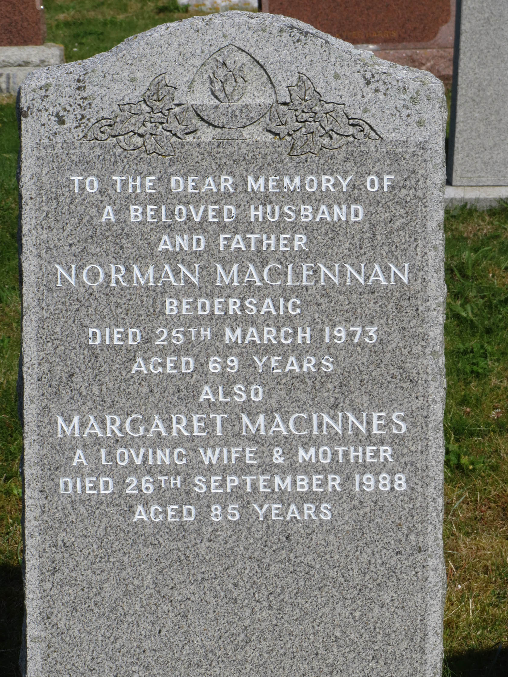 Photo of headstones/Norman MacLennan d1973 MI Luskentrye old, Harris